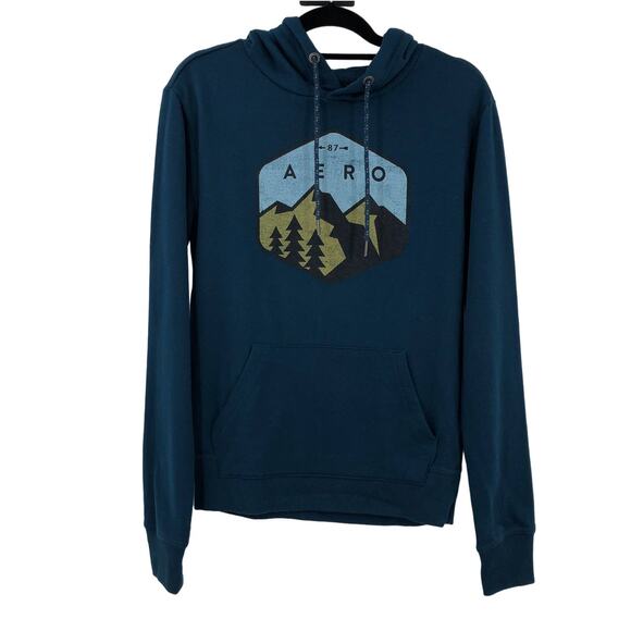 Aeropostale Teal Blue Green Hexagonal Mountain Trees Pull Over Hoodie Sweatshirt - Picture 1 of 10